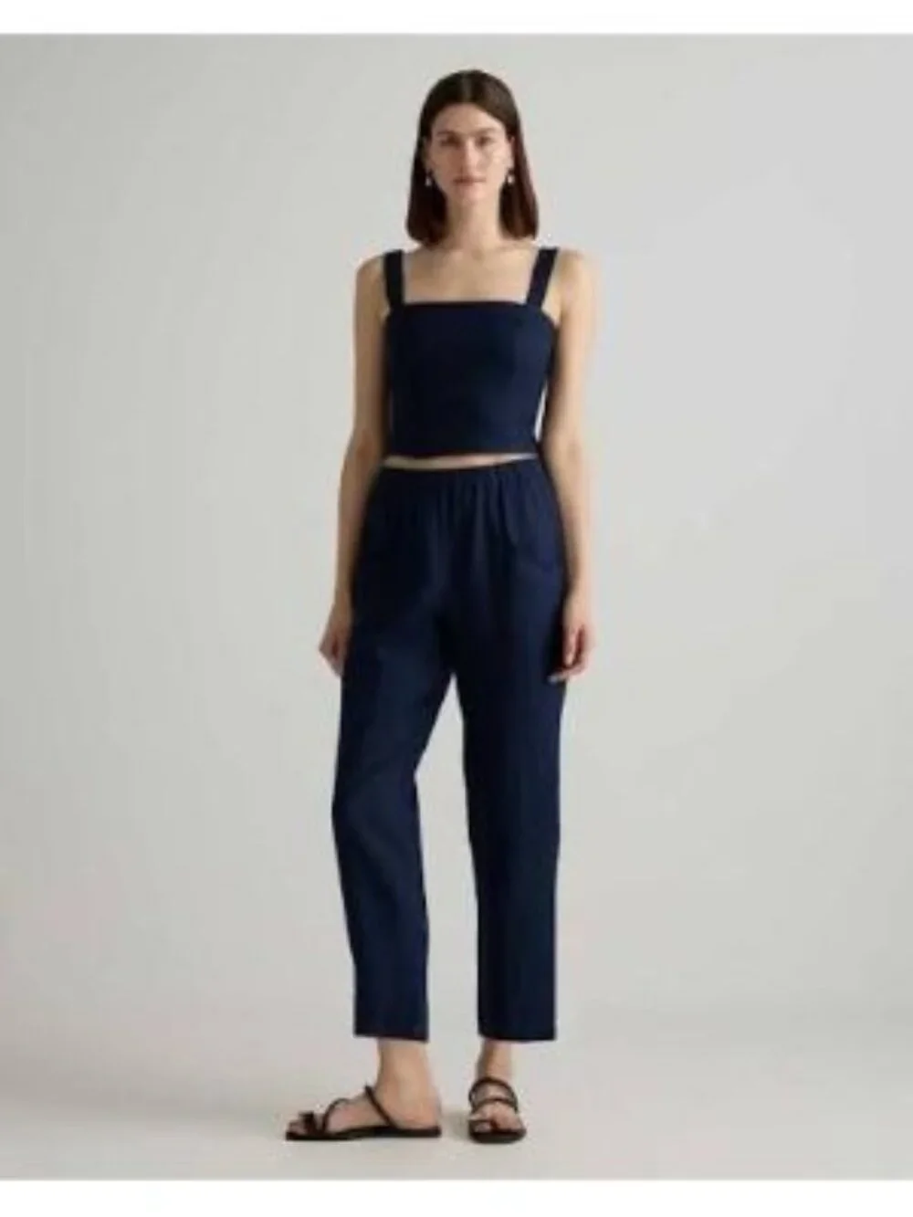 Quince Women XL 100% Linen Pants Tapered Ankle Pull On Navy Blue Stretch Waist